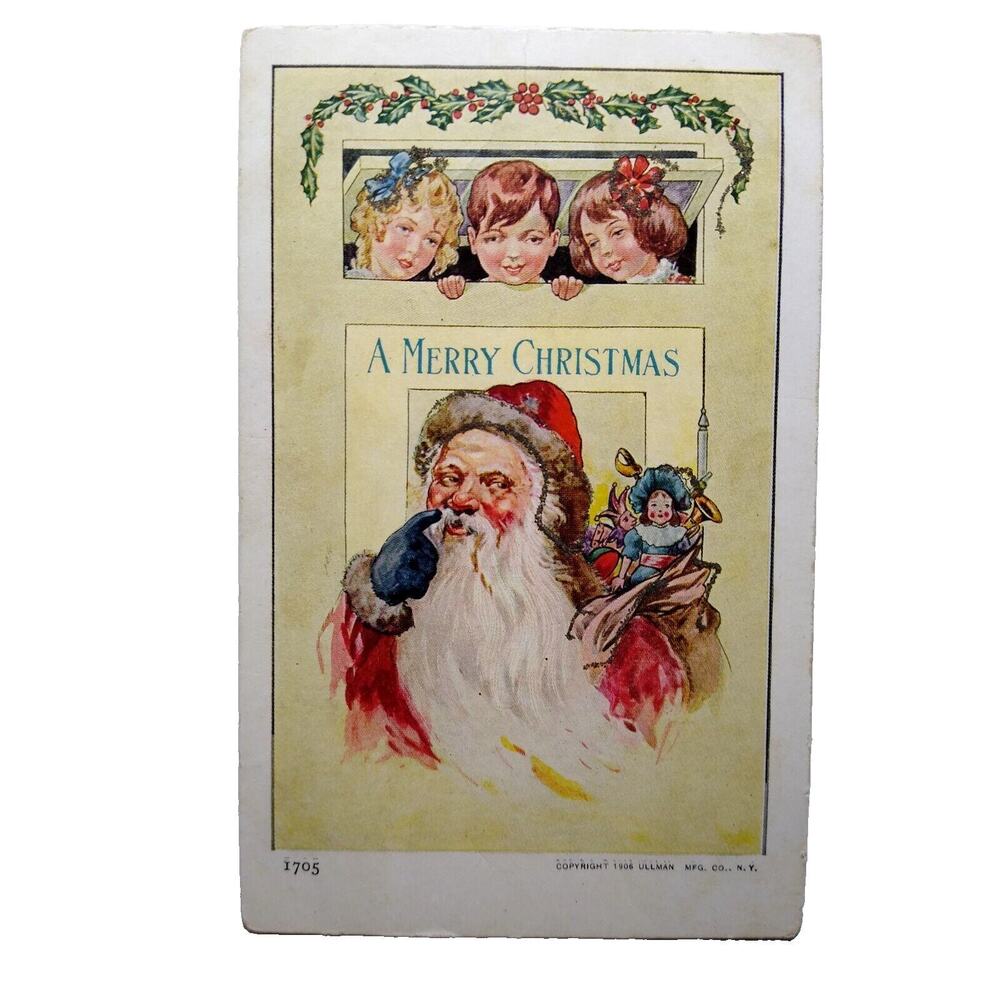 Santa Claus Finger To Nose Merry Christmas Postcard Ullman 1906 Mica Glitter